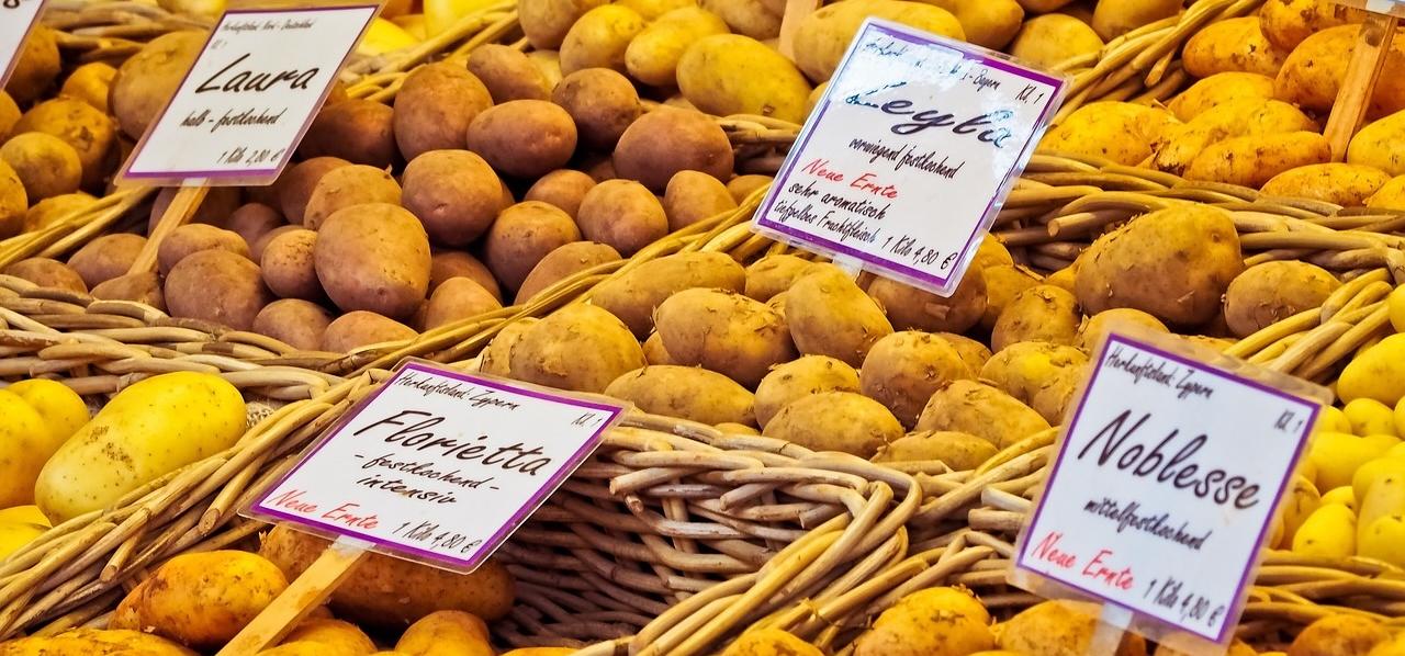 Close-up of potato varieties in a market with labels bearing different varietal names. Close-up of potato varieties in a market with labels bearing different varietal names.